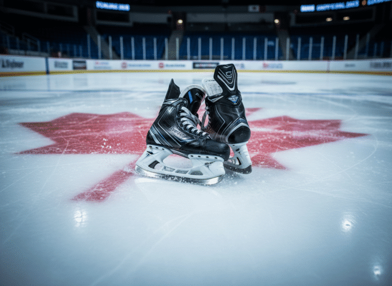 hockey skate deals canada – goalie on ice with skates and Canadian flag background
